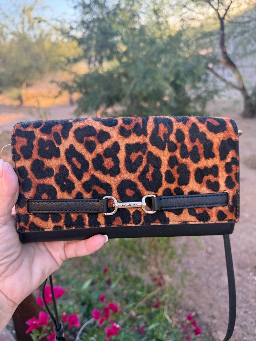 Michael-Michael Kors Leopard Print Calf Hair Wallet on a Chain-NWT